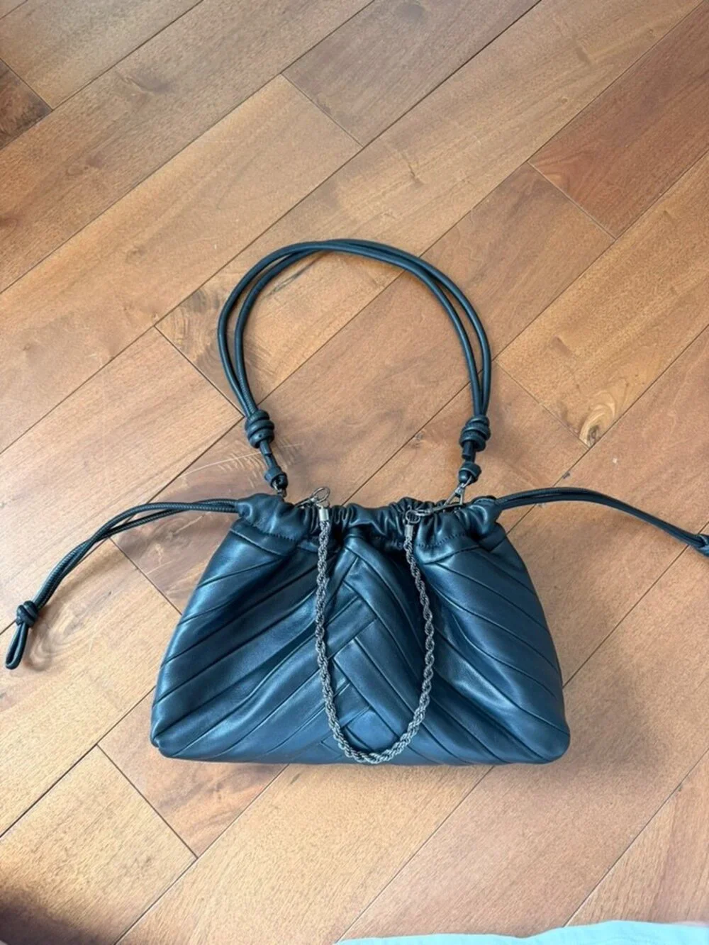 DKNY Black Leather Chevron Shoulder Bag Braided Chain Y2K Hobo Purse NWOT